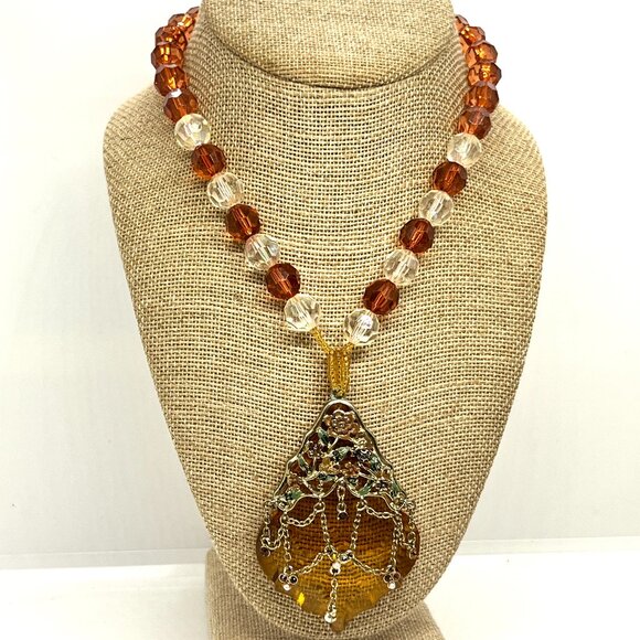 VINTAGE CZECH STYLE WHIMSYGOTH AMBER ACRYLIC FILIGREE NECKLACE FANTASY - Picture 3 of 16